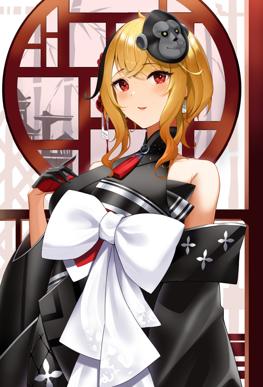 1girl, absurdres, bare_shoulders, black_gloves, black_kimono, blonde_hair, blush, detached_sleeves
