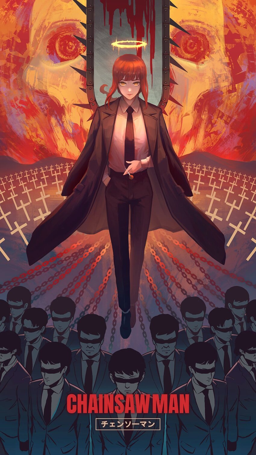 1girl, black_coat, black_jacket, black_necktie, black_pants, blindfold, braid, braided_ponytail