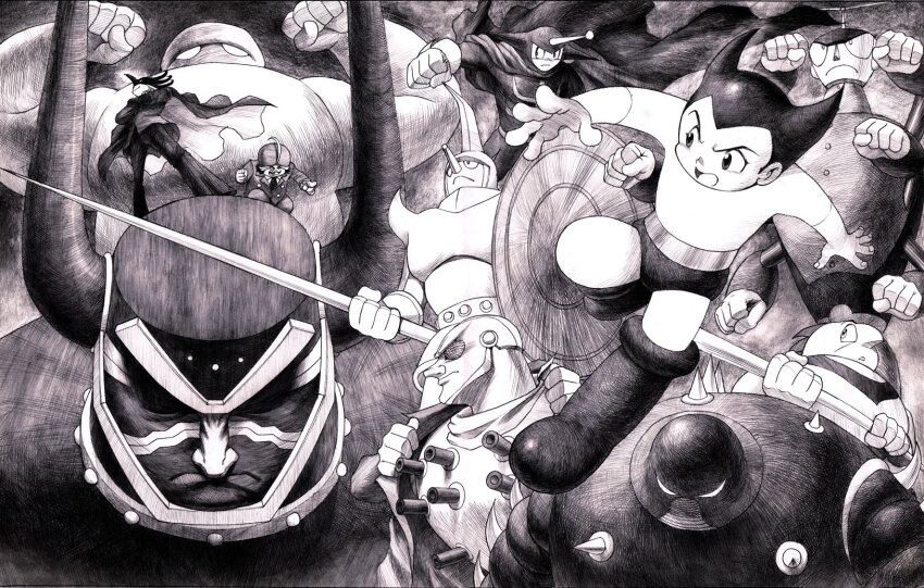 android, antennae, atom_(tetsuwan_atom), axe, battle, boots, brando_(tetsuwan_atom), cape, character_request, chest_cannon, child, epsilon_(tetsuwan_atom), extra_arms, flying, formal_clothes, gesicht, hat, hercules_(tetsuwan_atom), highres, hood, hooded_cape, horns, lance, mecha, monochrome, mont_blanc_(tetsuwan_atom), multiple_boys, muzzle, north_no._2, official_style, pluto_(tetsuwan_atom), polearm, robot, scarf, science_fiction, shield, spikes, sunglasses, tetsuwan_atom, tezuka_osamu_(style), topless_male, tuyopon, weapon