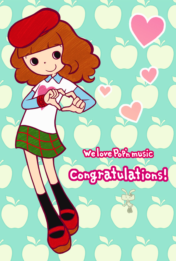 1girl, apple, bemani, beret, black_eyes, black_socks, blue_shirt, brown_hair