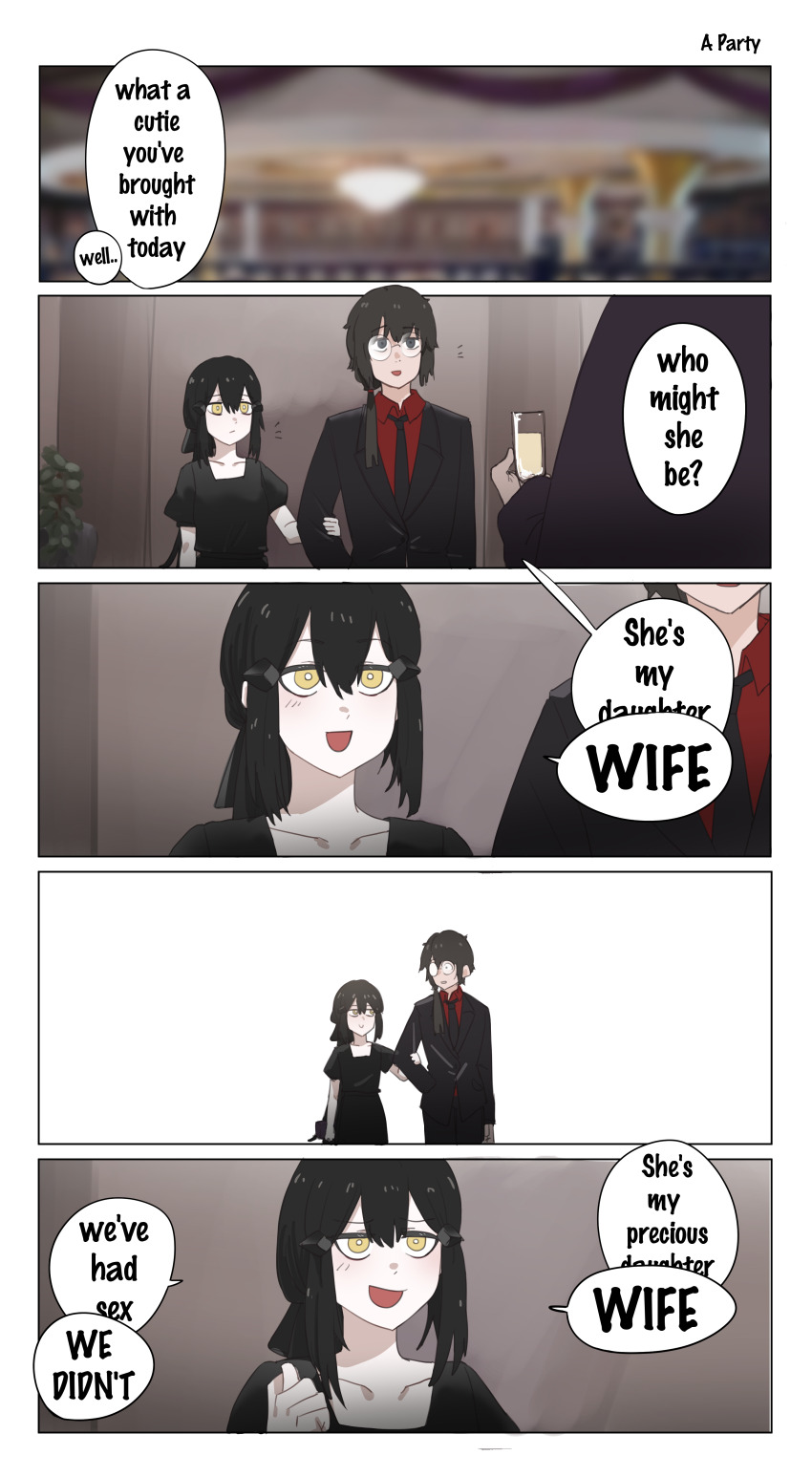 1boy, 1girl, 5koma, absurdres, black_dress, black_hair, comic, commander_(girls'_frontline)