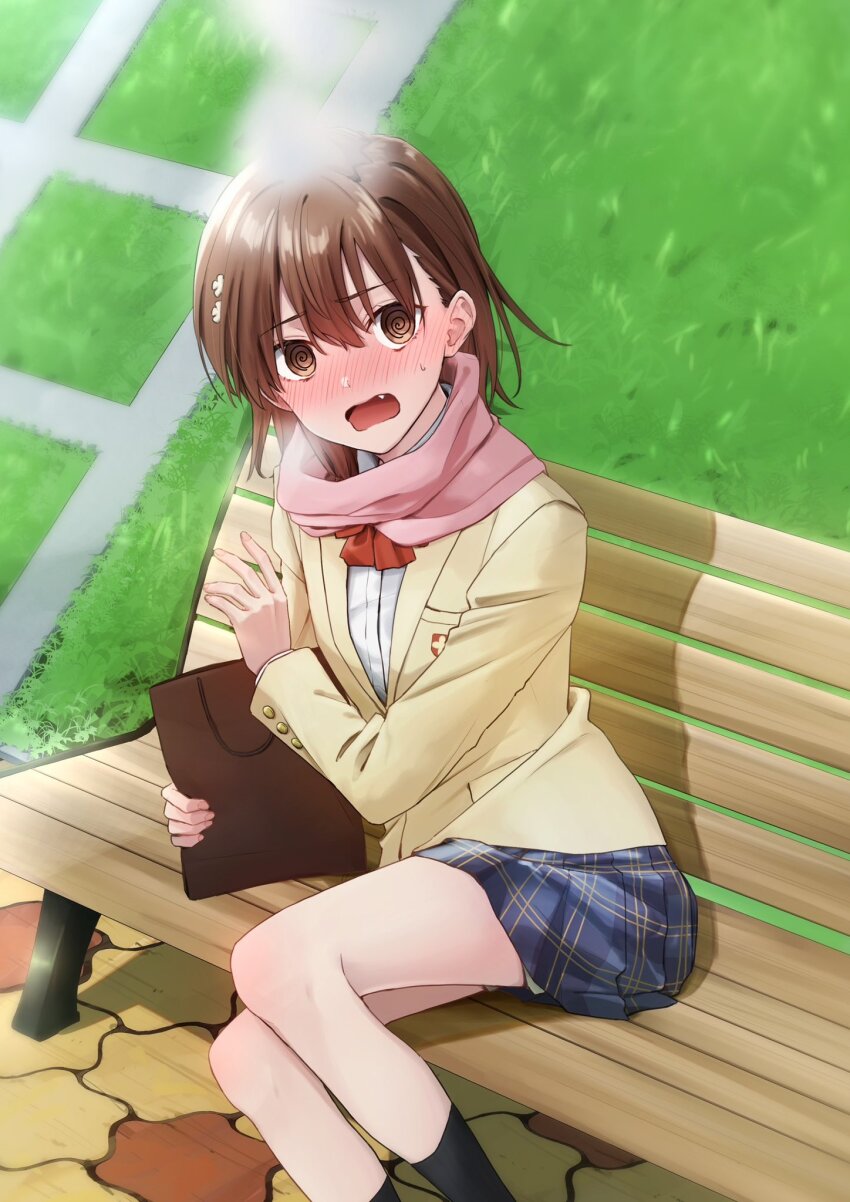 1girl, @_@, aic_oekaki, bag, bench, black_socks, blazer, blue_skirt