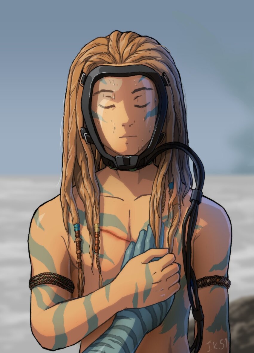 1boy, 1girl, alien, avatar:_the_way_of_water, blood, blue_skin, brown_hair, closed_eyes, closed_mouth, colored_skin, commentary, couple, cuts, disembodied_hand, dreadlocks, english_commentary, gas_mask, hand_on_another's_chest, hetero, highres, holding_hands, injury, interspecies, james_cameron's_avatar, jay_kuro, kiri_(avatar), long_hair, male_focus, mask, muscular, muscular_male, na'vi, pov, pov_hands, scar, science_fiction, size_difference, solo_focus, spider_(avatar), tribal