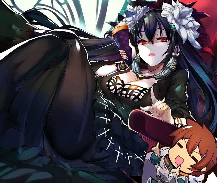 1boy, 1girl, armor, black_dress, black_hair, breastplate, breasts, brown_hair