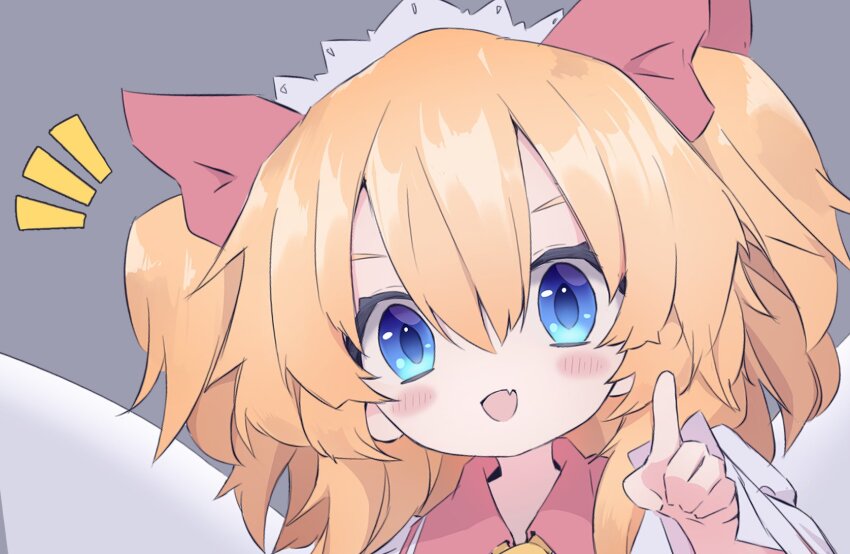 1girl, blue_eyes, blush, dress, fairy, fairy_wings, fang, grey_background