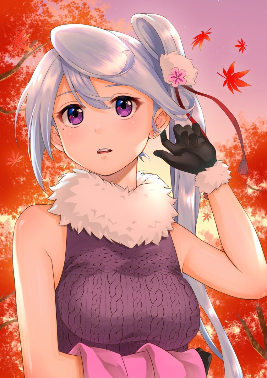 1girl, bare_shoulders, basashi_tarou, blue_hair, curly_hair, earrings, falling_leaves, fur-trimmed_gloves, fur_collar, fur_trim, gloves, hair_ornament, hand_up, highres, holding, holding_unworn_clothes, jewelry, kumo'otoshi, leaf, light_blue_hair, maple_leaf, mole, mole_under_eye, purple_eyes, side_ponytail, single_earring, sleeveless, sleeveless_sweater, sunset, sweater, swept_bangs, tenka_hyakken