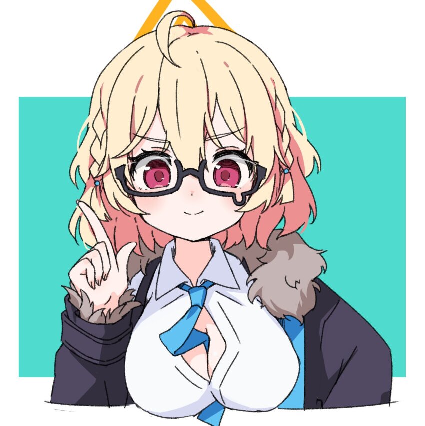 1girl, aki_inu, aqua_background, between_breasts, black-framed_eyewear, blonde_hair, blue_archive, blue_necktie