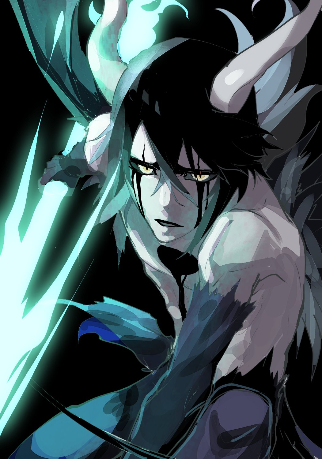1boy, bat_wings, black_background, black_hair, black_sclera, bleach, colored_sclera, colored_skin