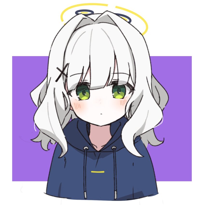 1girl, aki_inu, blue_archive, blue_hoodie, blunt_bangs, blush, border, closed_mouth