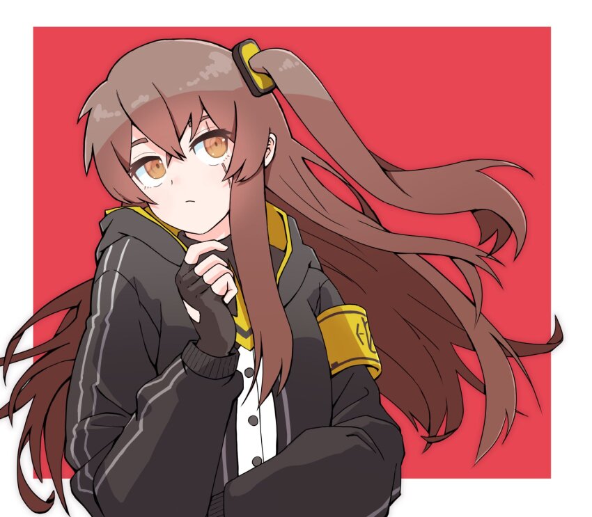 1girl, armband, black_gloves, brown_eyes, brown_hair, commentary, fingerless_gloves, girls'_frontline, gloves, hair_between_eyes, head_tilt, highres, jacket, long_hair, long_sleeves, looking_up, one_side_up, red_background, scar, scar_across_eye, scar_on_face, solo, ump45_(girls'_frontline), upper_body, yellow_armband, zukzuk13