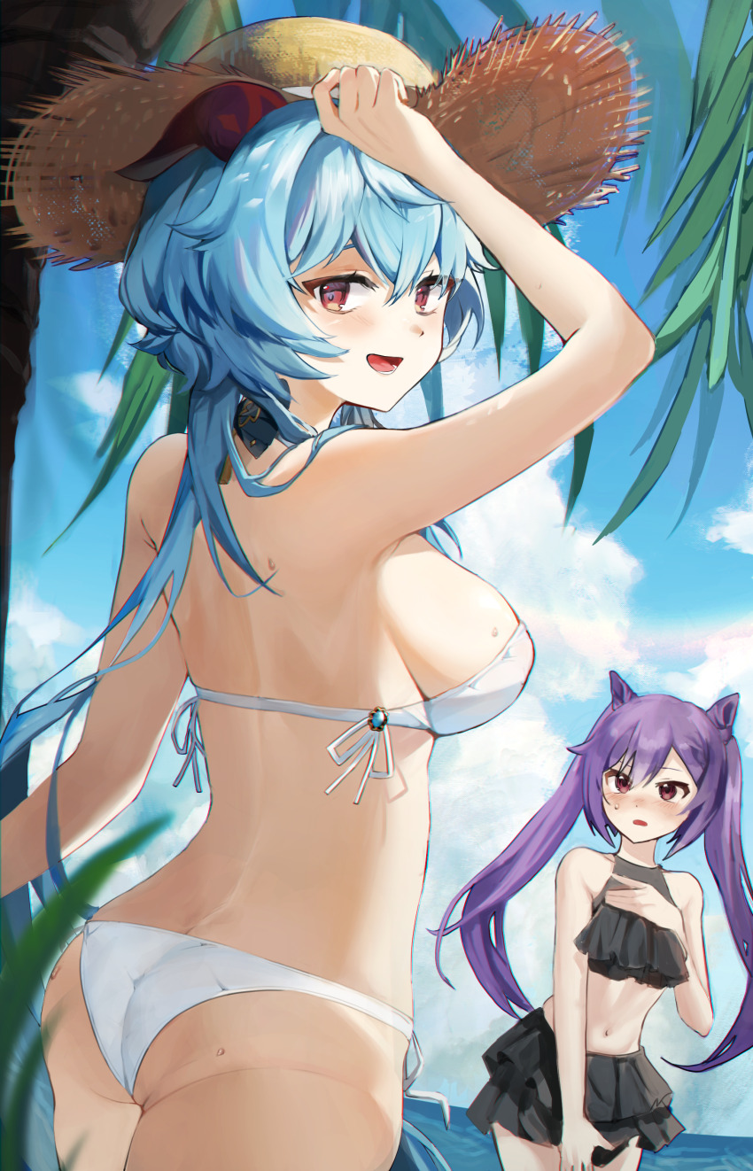 2girls, absurdres, ahoge, alternate_breast_size, arm_up, ass, bare_arms, bare_back, bare_shoulders, bikini, black_bikini, black_skirt, blue_hair, blue_sky, breasts, butt_crack, cloud, cone_hair_bun, day, double_bun, frilled_bikini, frilled_skirt, frills, ganyu_(genshin_impact), genshin_impact, goat_horns, gradient_eyes, hair_bun, hand_on_headwear, hat, highres, horns, keqing_(genshin_impact), large_breasts, long_hair, looking_at_another, looking_at_viewer, looking_back, maya_(gpmp3825), multicolored_eyes, multiple_girls, ocean, open_mouth, outdoors, palm_leaf, palm_tree, purple_eyes, purple_hair, red_eyes, side-tie_bikini_bottom, sideboob, skirt, sky, small_breasts, smile, straw_hat, swimsuit, thighs, tree, twintails, white_bikini