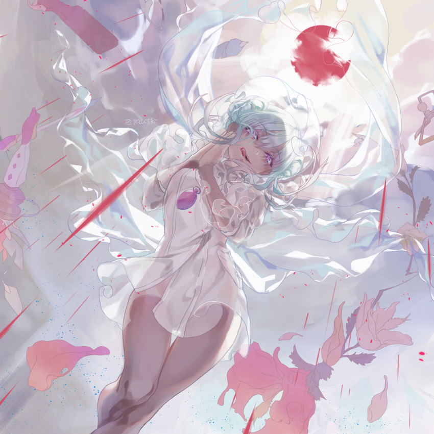 1girl, :q, cloud, cloudy_sky, dark_skin, feet_out_of_frame, floating_clothes, flower, from_below, hair_bun, half-closed_eyes, highres, hood, hood_up, jewelry, knee_up, locket, necklace, own_hands_together, pendant, purple_eyes, raincoat, red_sun, salome_(toaru_majutsu_no_index), see-through_clothes, see-through_raincoat, sidelocks, sky, solo, solo_focus, standing, tautiki, toaru_majutsu_no_index, tongue, tongue_out, white_hair, white_theme, wide_shot