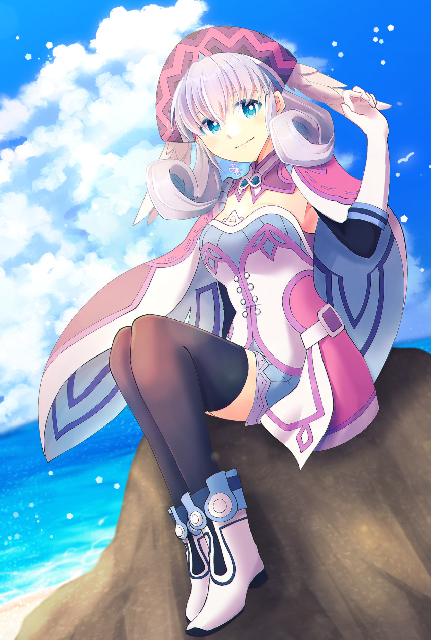 1girl, absurdres, black_thighhighs, blue_eyes, breasts, cape, cloud, cloudy_sky
