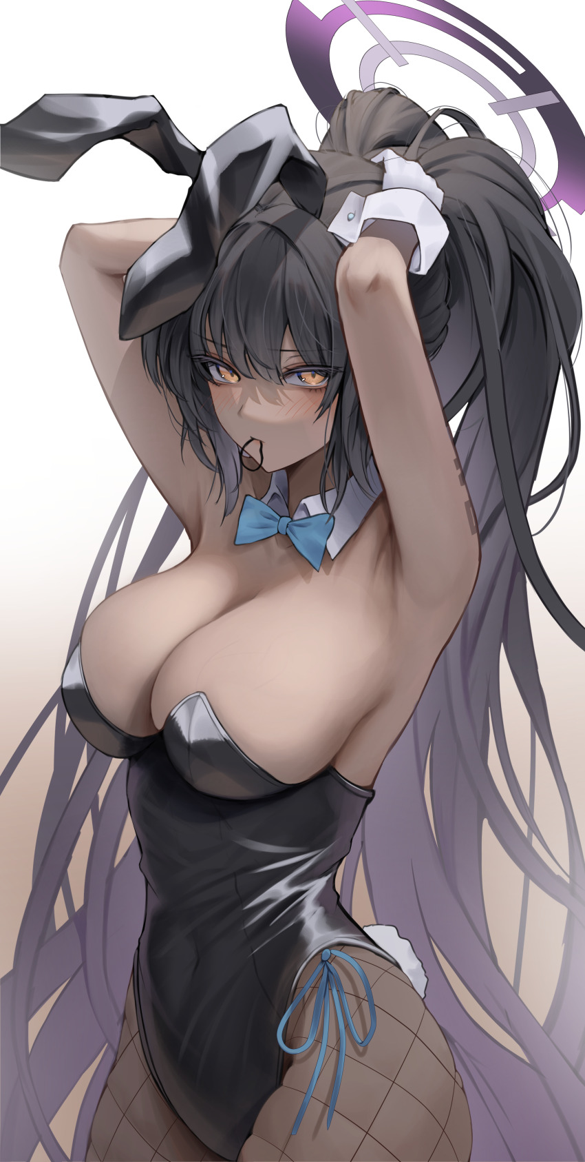 1girl, absurdres, animal_ears, armpits, arms_behind_head, arms_up, bare_shoulders, black_hair