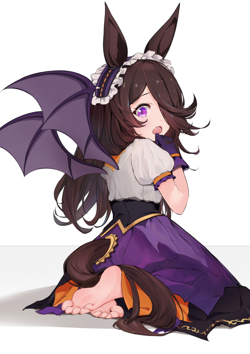1girl, absurdres, animal_ears, barefoot, bat_wings, brown_hair, clothing_cutout, fang, feet, frilled_hairband, frills, gloves, hair_over_one_eye, hairband, halloween, halloween_costume, hermityy, high-waist_skirt, highres, horse_ears, horse_girl, kneeling, long_bangs, long_hair, official_alternate_costume, open_mouth, puffy_short_sleeves, puffy_sleeves, purple_eyes, purple_gloves, purple_hairband, purple_skirt, purple_wings, rice_shower_(vampire_makeover!)_(umamusume), rice_shower_(umamusume), shirt, short_sleeves, skirt, soles, solo, tail, tail_through_clothes, toes, umamusume, white_shirt, wings