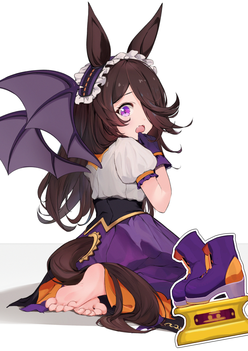 1girl, absurdres, animal_ears, barefoot, bat_wings, brown_hair, clothing_cutout, fang