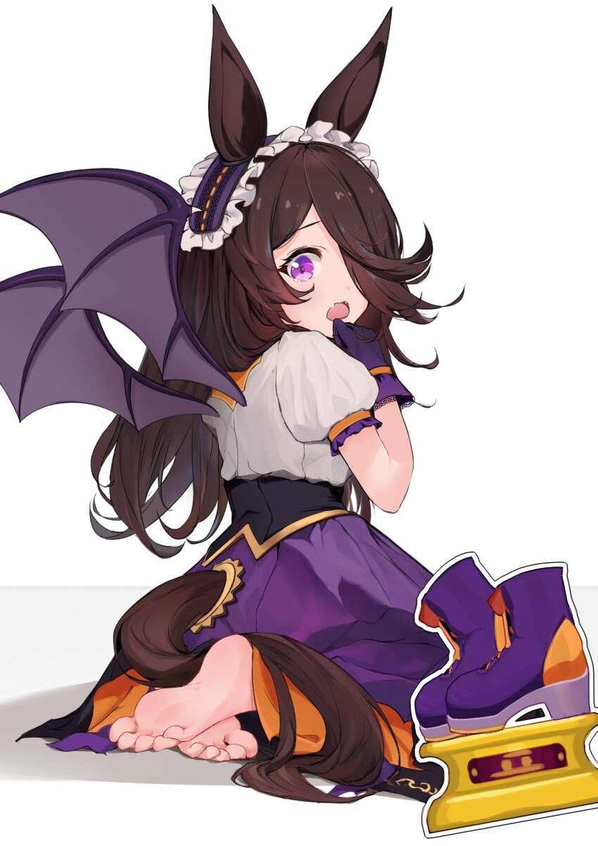 1girl, absurdres, animal_ears, barefoot, bat_wings, brown_hair, frilled_hairband, frills