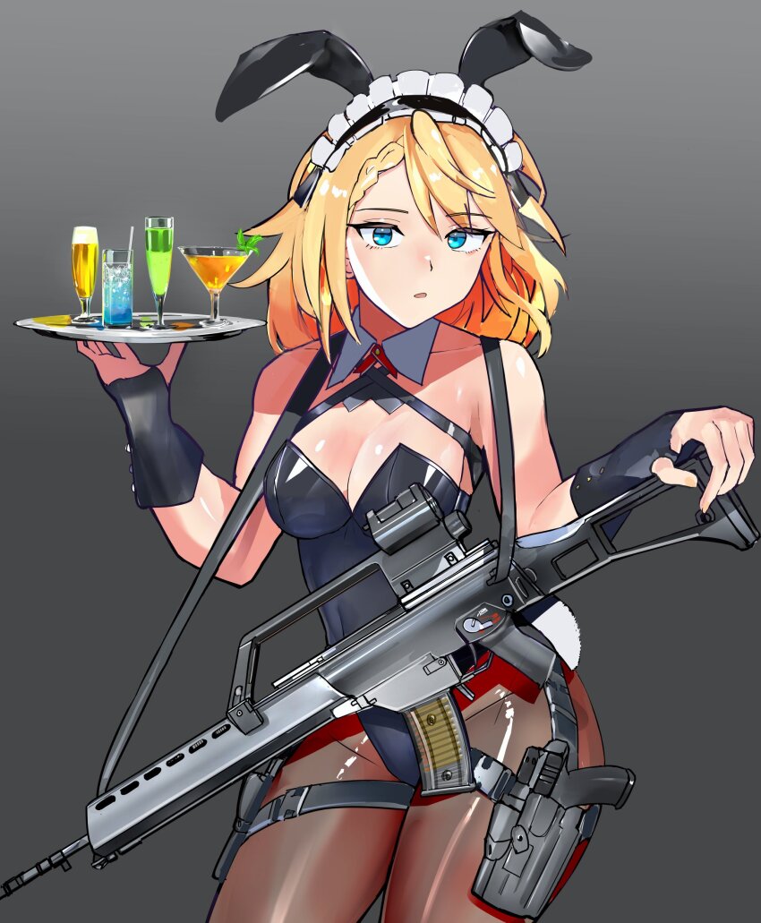 1girl, 5.56x45mm_nato, ammunition, animal_ears, assault_rifle, bare_shoulders, black_leotard, blonde_hair, blue_eyes, breasts, bullet, carbine_cartridge, cleavage, cocktail_glass, commentary_request, cowboy_shot, cup, detached_collar, dmr_cartridge, drink, drinking_glass, fake_animal_ears, fingerless_gloves, g36_(girls'_frontline), girls'_frontline, gloves, grey_background, gun, gun_sling, h&amp;k_g36, handgun, highres, holding, holding_tray, holster, holstered, intermediate_cartridge, large_breasts, leotard, lmg_cartridge, long_hair, looking_at_viewer, maid_headdress, military_cartridge, pantyhose, parted_lips, playboy_bunny, rabbit_ears, rabbit_tail, rifle, rifle_cartridge, see-through_clothes, solo, strapless, strapless_leotard, tail, toiro_(mononz3), tray, weapon