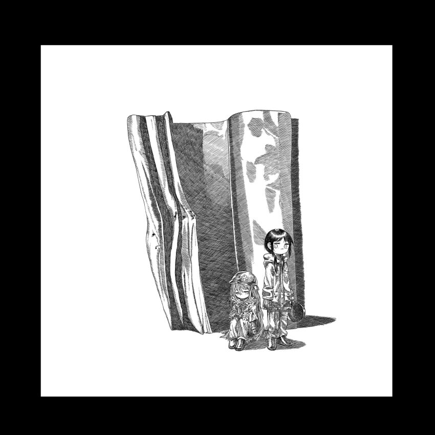 2girls, album_cover, black_border, black_hair, boots, border, character_request, check_character, chito_(shoujo_shuumatsu_ryokou), cover, everywhere_at_the_end_of_time, flower, greyscale, hat, highres, kilsturgeon, long_hair, military_hat, monochrome, multiple_girls, no_mouth, shadow, shoujo_shuumatsu_ryokou, very_long_hair, white_background, yuuri_(shoujo_shuumatsu_ryokou)