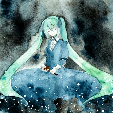 1girl, aqua_hair, black_bow, blue_dress, blue_ribbon, bow, clockworker's_doll, colored_skin