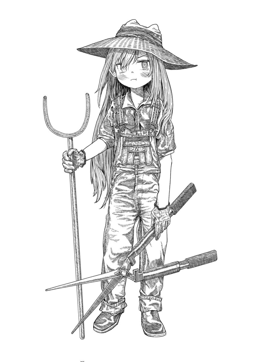 1girl, :t, blush, boots, corrupted_twitter_file, farmer, full_body, gloves, greyscale, hat, highres, holding, holding_stick, kilsturgeon, long_hair, monochrome, overalls, pole, shears, shimeji_simulation, simple_background, solo, stick, the_gardener_(shimeji_simulation), very_long_hair, white_background