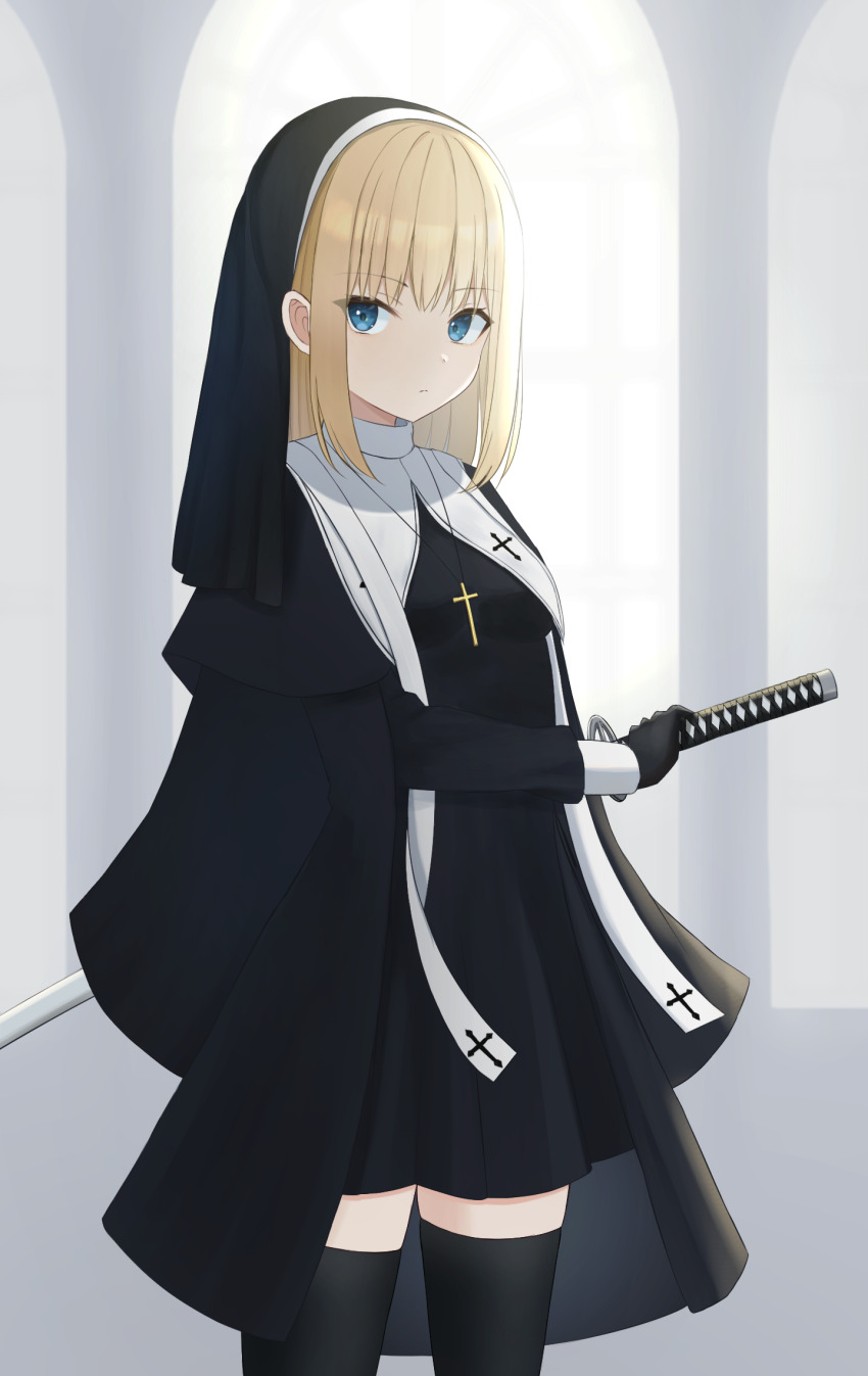 1girl, blonde_hair, blue_eyes, cross, cross_necklace, dress, expressionless, gloves