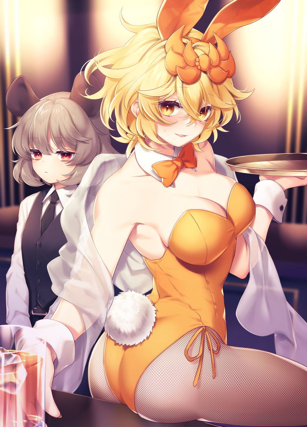 2girls, animal_ears, ass, black_jacket, black_necktie, blonde_hair, bow, bowtie