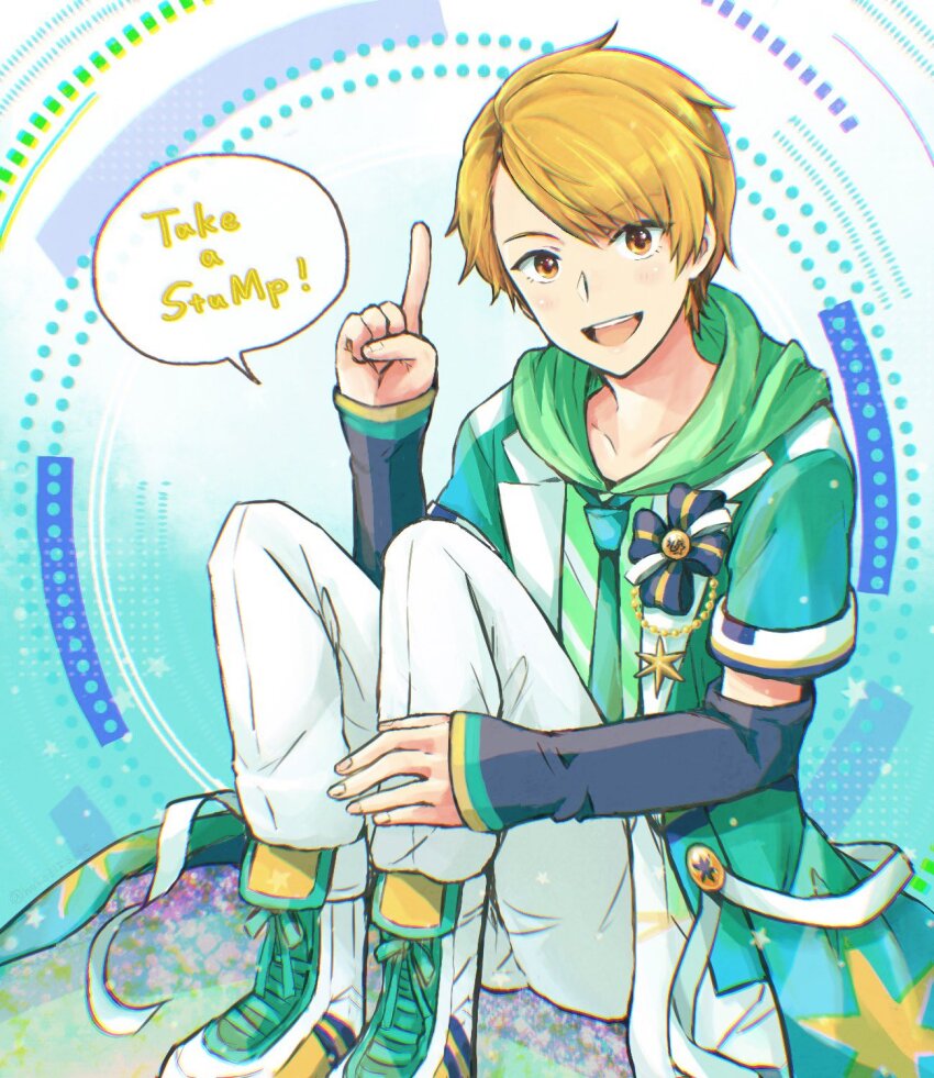!, 1boy, blonde_hair, blush, boots, brown_eyes, detached_sleeves, english_text, fingernails, highres, idolmaster, idolmaster_side-m, idolmaster_side-m_growing_stars, kappysan, looking_at_viewer, maita_rui, male_focus, necktie, official_alternate_costume, open_mouth, pants, sitting, smile, star_(symbol), star_print, teeth, upper_teeth_only, white_pants