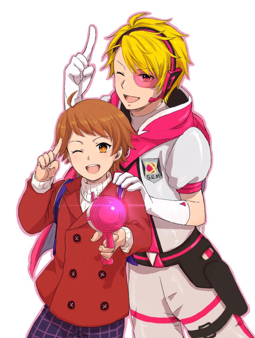 2boys, ;d, ahoge, blonde_hair, brown_eyes, buttons, child, energy_gun