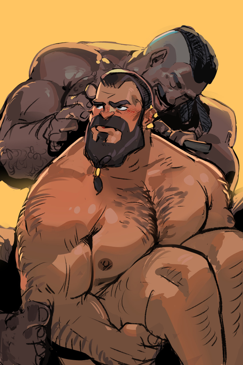 2boys, absurdres, arm_hair, bara, beard, blush, chest_hair, chivo_(kalchivo), colored_skin, completely_nude, couple, dark-skinned_male, dark_skin, dragon_age, dragon_age:_absolution, dragon_age_absolution, dwarf, facial_hair, flustered, hairy, highres, interracial, knees_up, lacklon_(dragon_age), large_pectorals, long_beard, male_focus, mature_male, multiple_boys, muscular, muscular_male, nipples, nude, pectorals, playing_with_another's_hair, roland_(dragon_age), short_hair, sitting, thick_eyebrows, tied_beard, unfinished, yaoi