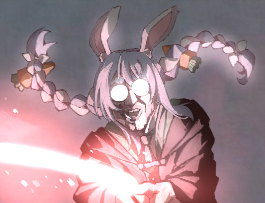 1girl, animal_ears, braid, carrot_hair_ornament, food-themed_hair_ornament, glasses, hair_ornament, harry_potter_(series), highres, hogwarts_legacy, hogwarts_school_uniform, hololive, kukie-nyan, meme, necktie, opaque_glasses, otoware_potter_(meme), rabbit_ears, school_uniform, thick_eyebrows, twin_braids, usada_pekora, virtual_youtuber, wizarding_world