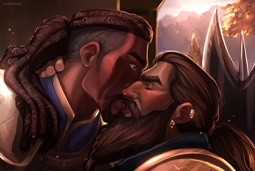 2boys, absurdres, armor, bara, beard, brown_hair, couple, dark-skinned_male, dark_skin, dragon_age, dragon_age:_absolution, dragon_age_absolution, dwarf, earrings, facial_hair, french_kiss, from_side, goatee, hand_on_another's_neck, hava_(haverdoodles), highres, interracial, jewelry, kiss, lacklon_(dragon_age), long_beard, male_focus, mature_male, multiple_boys, roland_(dragon_age), sunlight, thick_eyebrows, undercut, upper_body, yaoi