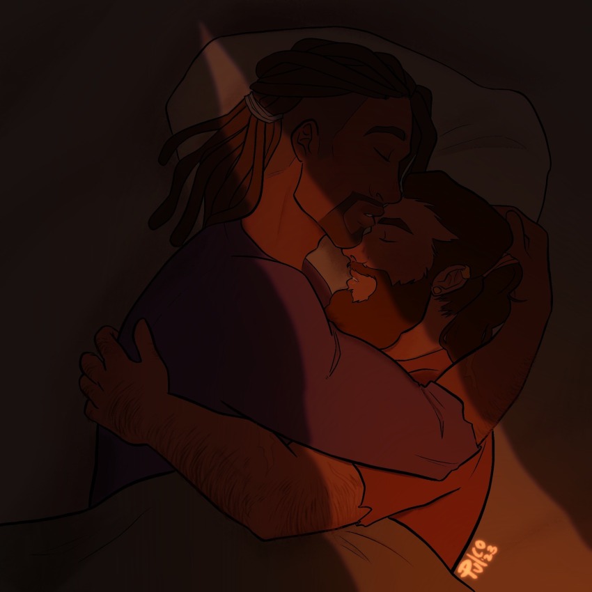 2boys, arm_hair, bara, beard, casual, couple, dark-skinned_male, dark_skin