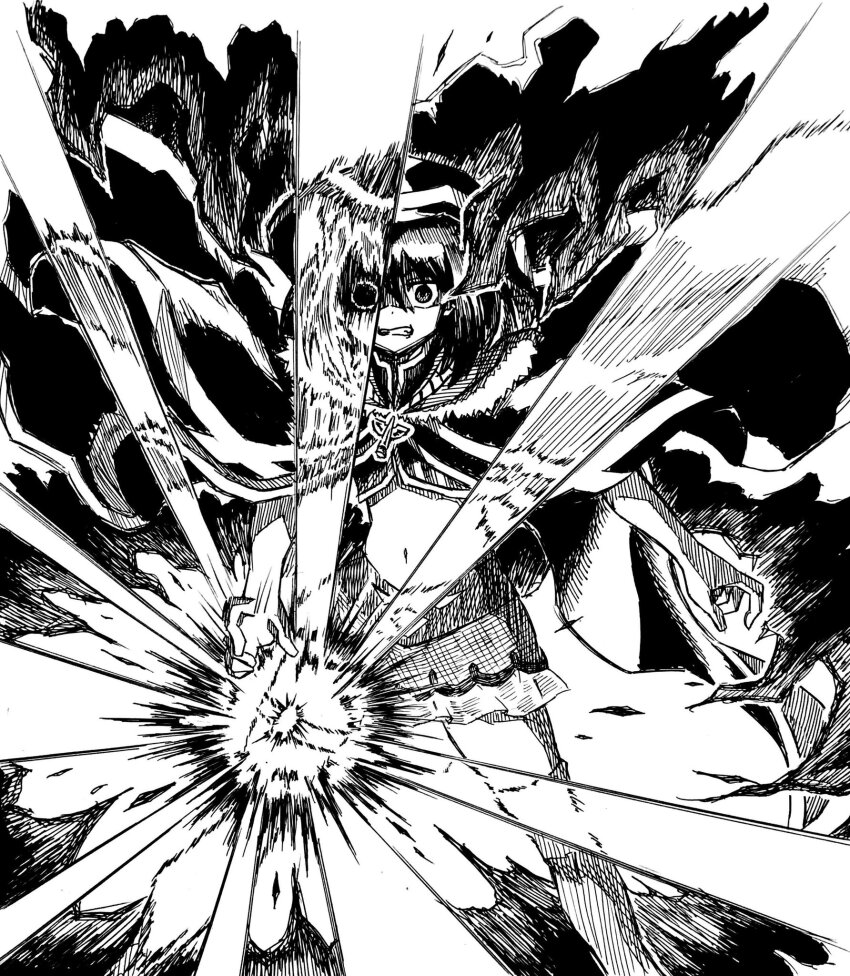 1girl, clenched_teeth, cloak, crop_top, dot_nose, feet_out_of_frame, glowing, greyscale