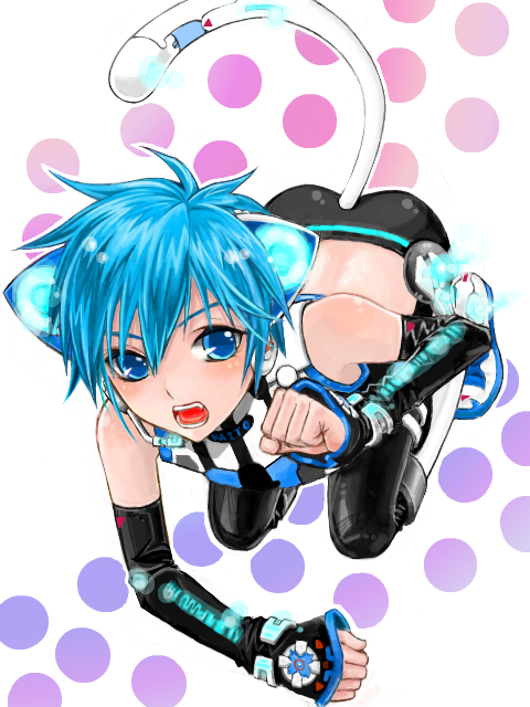 1boy, animal_ears, ass, blue_eyes, blue_hair, boots, cat_boy, cat_ears, cat_tail, detached_sleeves, full_body, headset, kaito_(neko_cyber)_(vocaloid), kaito_(vocaloid), kneeling, male_focus, matching_hair/eyes, matsumochi, project_diva, project_diva_(series), project_diva_2nd, solo, tail, trap, vocaloid