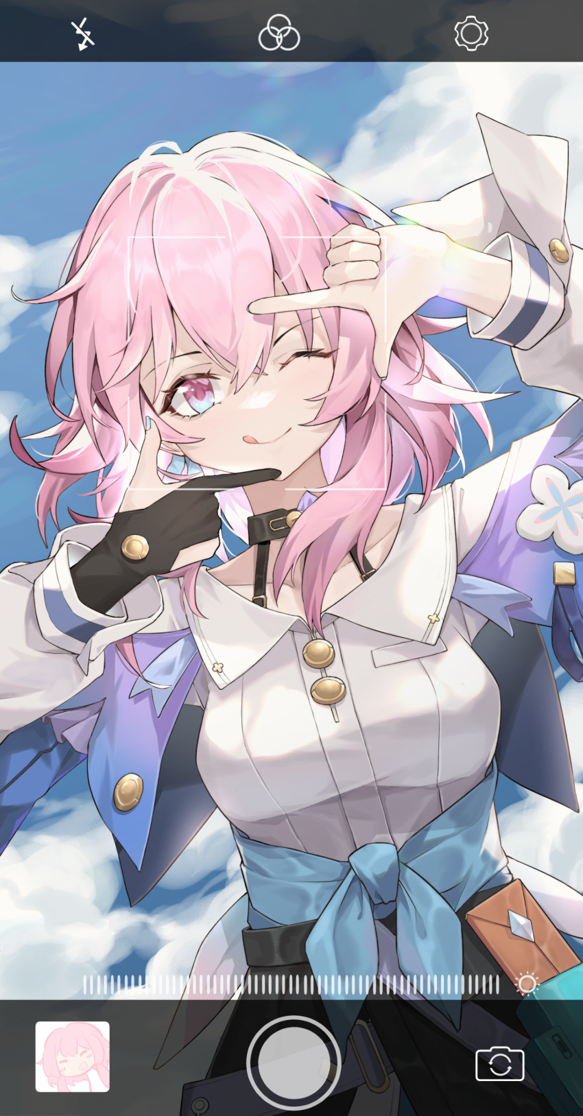 1girl, ;q, absurdres, archery_shooting_glove, black_choker, black_corset, black_gloves, blue_eyes