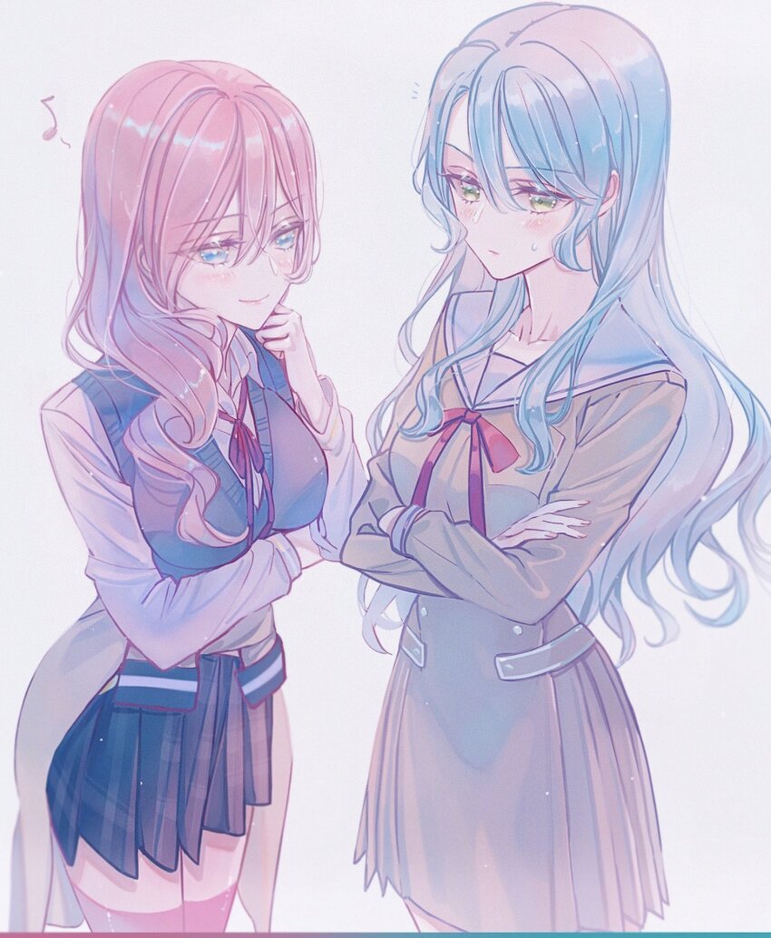 2girls, aqua_eyes, aqua_hair, arm_under_breasts, arms_under_breasts, bang_dream!, bang_dream!_girls_band_party!, black_skirt