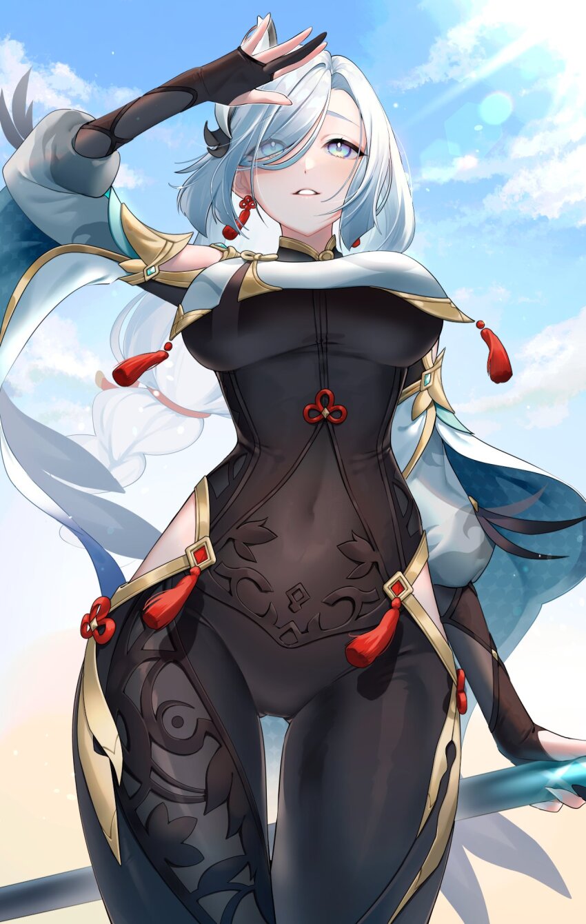 1girl, arm_up, black_bodysuit, black_gloves, blue_eyes, blue_sky, bodysuit, braid, single_breast_curtain, breasts, clothing_cutout, cloud, covered_navel, cowboy_shot, earrings, eyes_visible_through_hair, from_below, genshin_impact, gloves, gold_trim, grey_eyes, hair_over_one_eye, highres, hip_vent, holding, holding_polearm, holding_weapon, jewelry, large_breasts, lens_flare, long_hair, looking_afar, low-braided_long_hair, low-tied_long_hair, mikazuki_mika, outdoors, parted_lips, partially_fingerless_gloves, polearm, shading_eyes, shenhe_(genshin_impact), single_braid, sky, solo, tassel, tassel_earrings, thighs, weapon