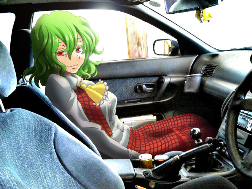 1girl, ascot, car, car_interior, colored_eyelashes, eyelashes, female_focus, green_hair, jpeg_artifacts, kazami_yuuka, lips, looking_at_viewer, momo_futoshi, motor_vehicle, nissan, nissan_skyline, nissan_skyline_gt-r, photo_background, plaid_clothes, plaid_skirt, plaid_vest, red_eyes, right-hand_drive, seductive_smile, sitting, skirt, skirt_set, smile, solo, steering_wheel, touhou, vest