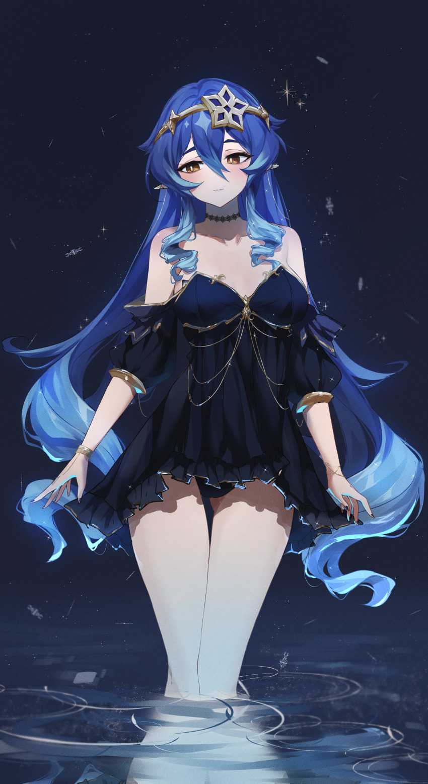 1girl, absurdres, alternate_costume, arms_at_sides, artist_name, bangle, bare_shoulders, black_dress, black_nails, black_panties, blue_background, blue_hair, blush, bracelet, breasts, bright_pupils, choker, circlet, cleavage, dress, drill_hair, english_text, feint721, frilled_dress, frills, genshin_impact, hair_between_eyes, highres, jewelry, layla_(genshin_impact), long_hair, medium_breasts, neck_ring, night, no_hood, off-shoulder_dress, off_shoulder, panties, pantyshot, pointy_ears, reflection, reflective_liquid, ringlets, ripples, short_dress, short_sleeves, sky, sparkle_background, star_(sky), thighs, twin_drills, twintails, underwear, very_long_hair, wading, water, white_pupils, yellow_eyes