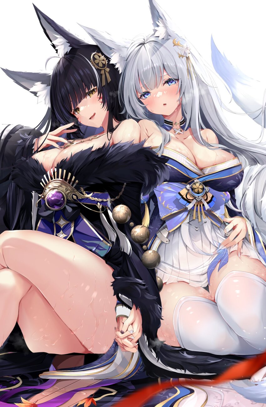 2girls, absurdres, animal_ear_fluff, animal_ears, azur_lane, beads, blue_collar, blue_kimono