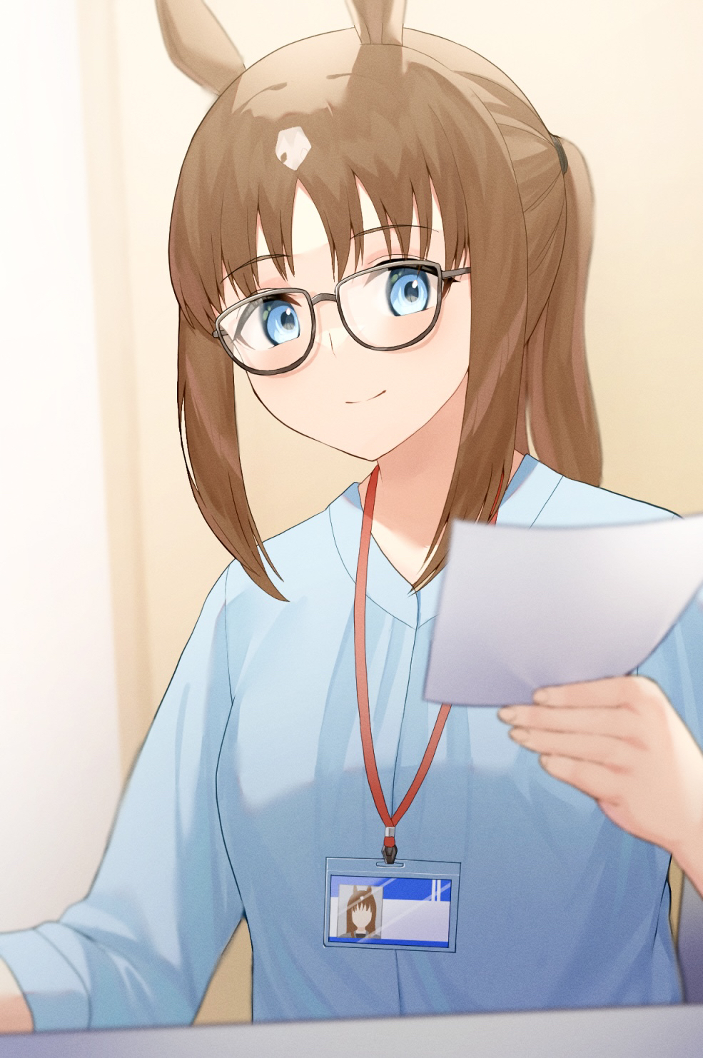 1girl, aged_up, alternate_costume, animal_ears, bespectacled, blue_eyes, blue_shirt, brown_hair