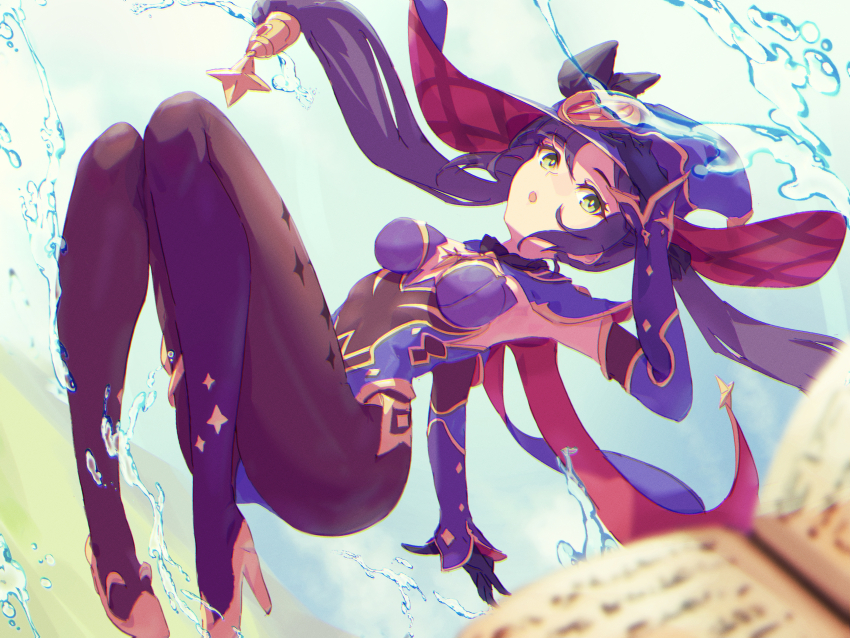 1girl, :o, absurdres, black_gloves, blue_leotard, blurry, book, breasts