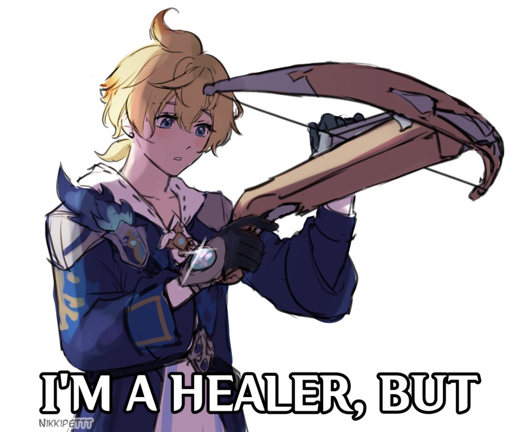 1boy, black_gloves, blonde_hair, blue_eyes, bow_(weapon), crossbow, english_text, genshin_impact