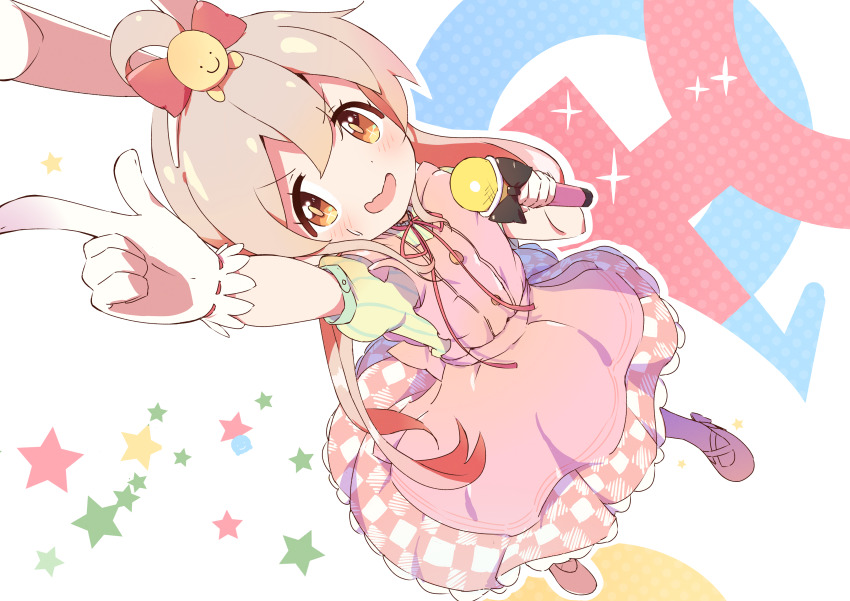 1girl, :d, absurdres, ahoge, animal_ears, arm_up, bare_arms, blush, bow, brown_eyes, commentary_request, cosplay, dress, fake_animal_ears, full_body, gloves, grey_hair, hair_between_eyes, hair_bow, hair_ornament, hairband, highres, holding, holding_microphone, index_finger_raised, kaai_yuu, long_hair, looking_at_viewer, mars_symbol, microphone, multicolored_hair, onii-chan_wa_oshimai!, open_mouth, oyama_mahiro, pink_hair, pmaru-sama, pmaru-sama_(cosplay), pointing, pointing_up, puffy_short_sleeves, puffy_sleeves, rabbit_ears, red_bow, s'il_vous_president, short_sleeves, smile, solo, star_(symbol), venus_symbol, white_gloves