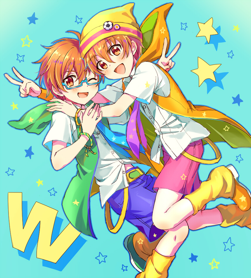 2boys, aoi_kyosuke, aoi_yusuke, blue-framed_eyewear, blush, bracelet, brothers, glasses, green_hoodie, hair_between_eyes, hat, hood, hoodie, idolmaster, idolmaster_side-m, jewelry, multiple_boys, one_eye_closed, shirt, shorts, siblings, smile, star_(symbol), striped_clothes, striped_headwear, toumeitou, twins, v, white_shirt, wristband, yellow_headwear, yellow_hoodie