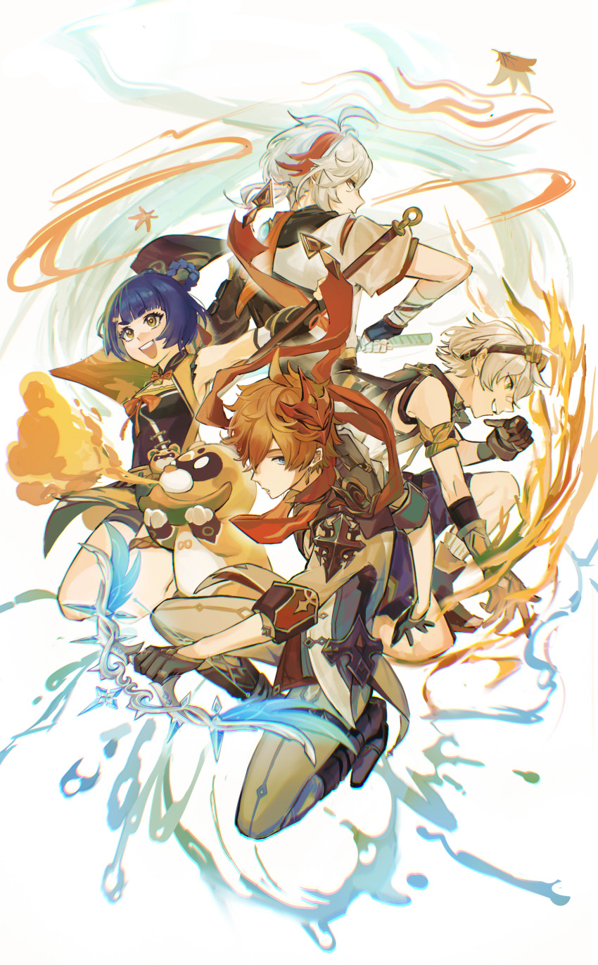 1girl, 3boys, :d, absurdres, ahoge, antenna_hair, arm_scarf, arm_up