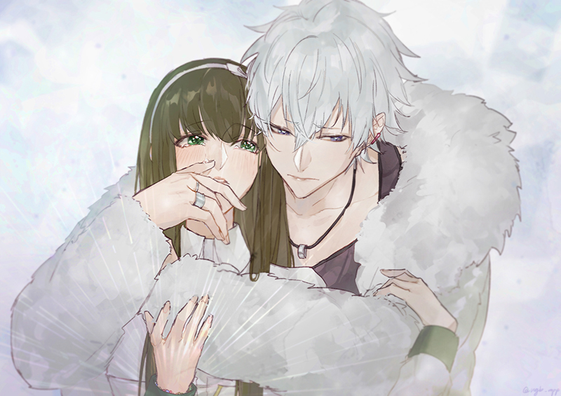 1boy, 1girl, bishop_(clock_zero), black_shirt, brown_hair, clock_zero, crying, crying_with_eyes_open, facing_viewer, fur-trimmed_jacket, fur_trim, green_eyes, grey_jacket, headband, hetero, jacket, jewelry, kaori, kurou_nadeshiko, long_hair, looking_at_another, looking_to_the_side, necklace, purple_eyes, shirt, short_hair, tears, white_hair, white_headband