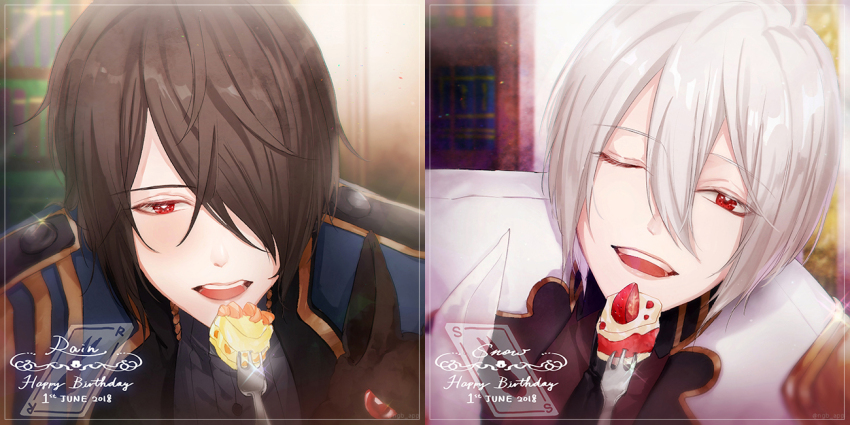 2018, 2boys, black_hair, brothers, cake, dated, food, happy_birthday