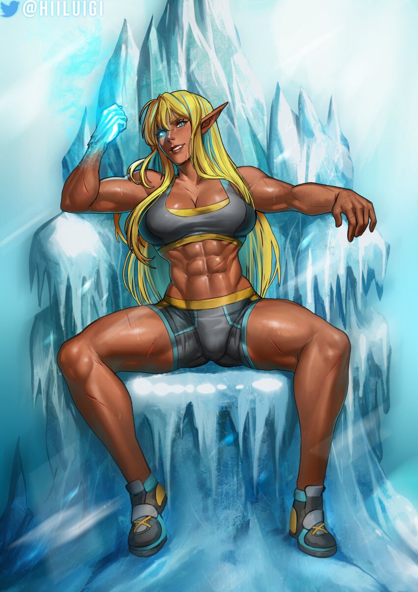 1girl, abs, absurdres, artist_name, blonde_hair, blue_eyes, breasts, commission